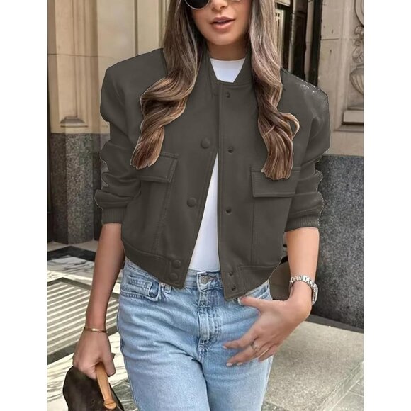 Women Dark grey Cropped Bomber Jacket Button Down Varsity Shacket with Pockets - Picture 2 of 5